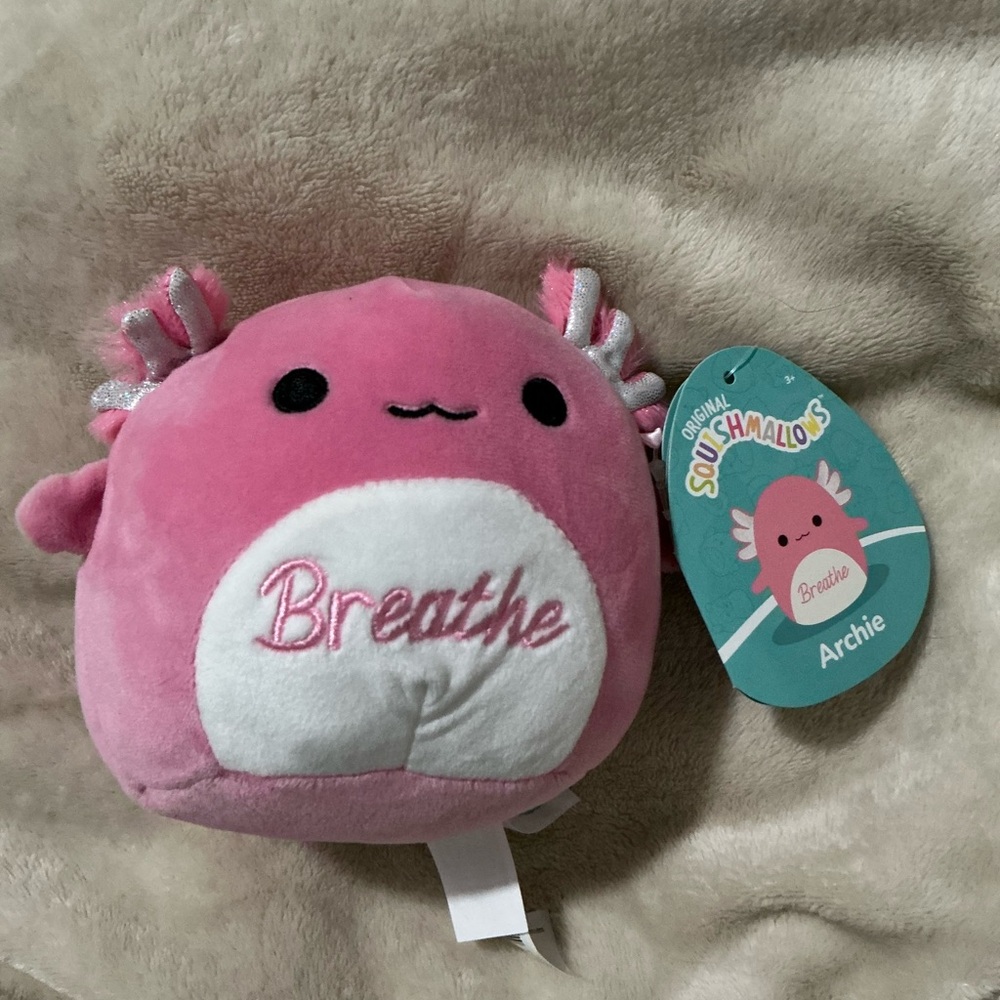 Squishmallows Pink and White Plush with 'Breathe' Embroidery
